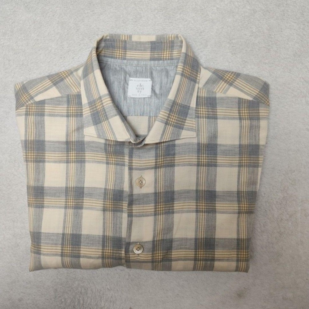 Eleventy Shirt Mens XL White Plaid Button-Up Dandy Cotton Lightweight Spread